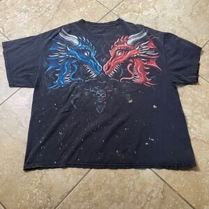 Vintage Y2K Dragon T Shirt Double Sided Graphic Print‎ Distressed Black